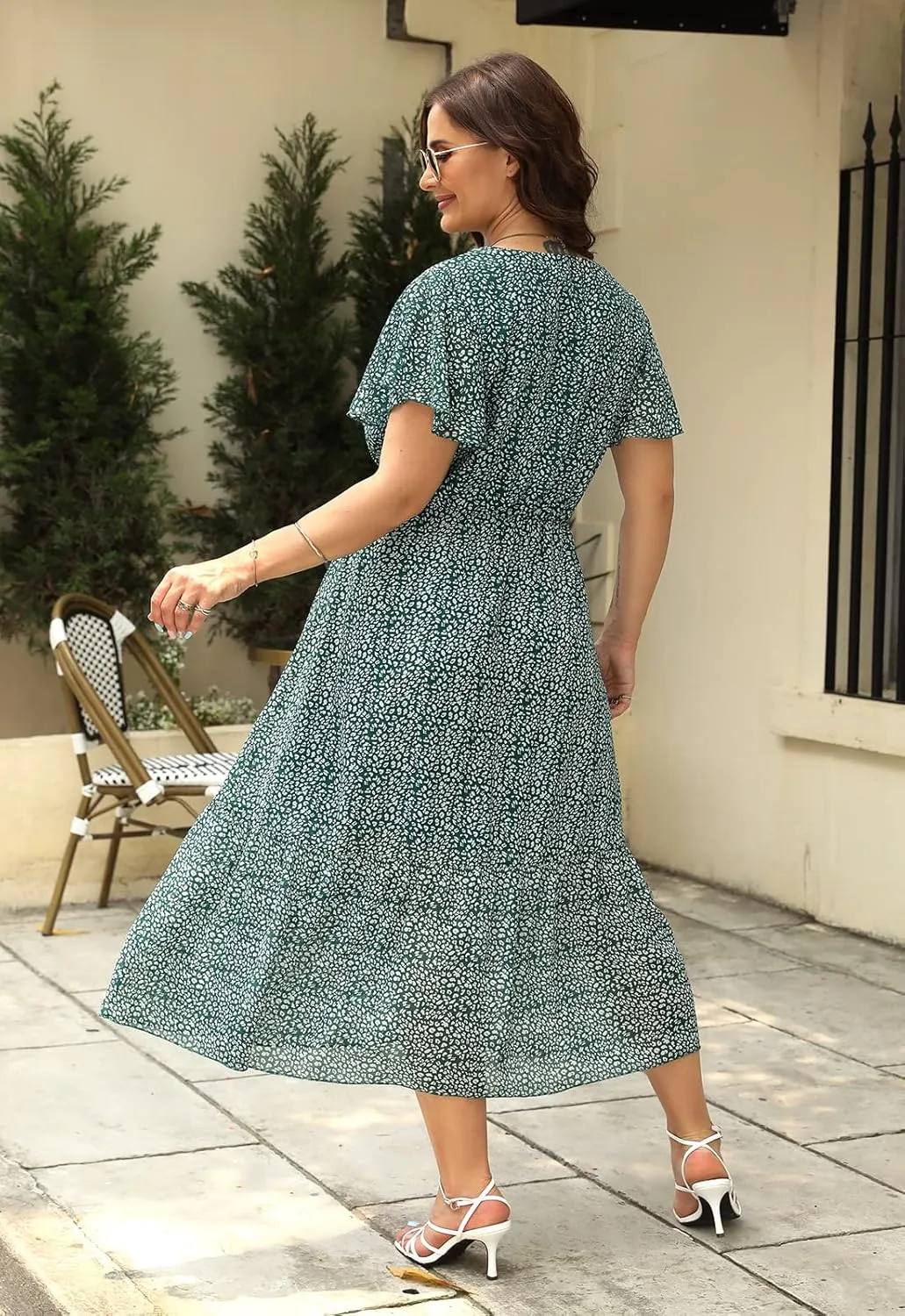 Nemidor Womens Casual Plus Size Boho Print Belted Layered Chiffon Long Dress with Ruffle Sleeve NEM310