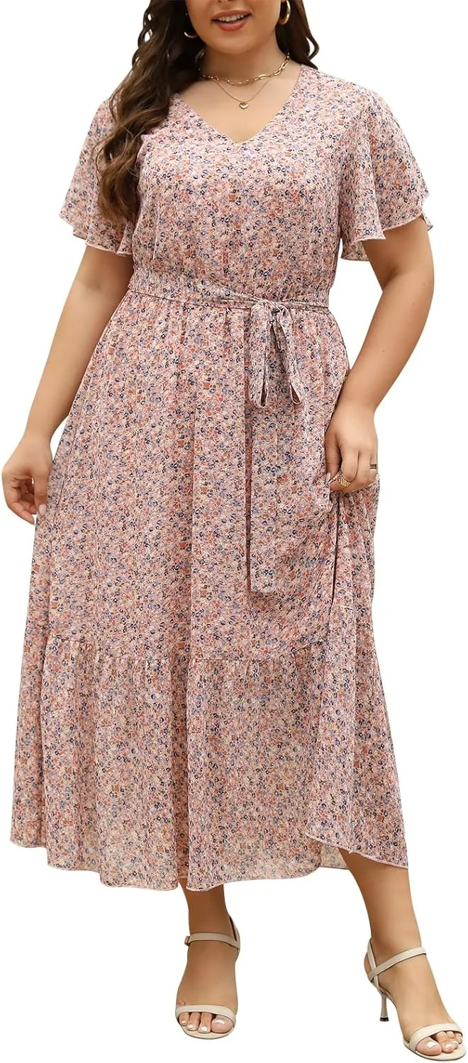 Nemidor Womens Casual Plus Size Boho Print Belted Layered Chiffon Long Dress with Ruffle Sleeve NEM310