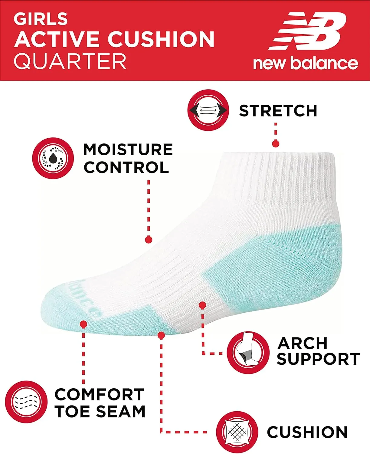 New Balance Girls' Performance Cushioned Low Cut Socks-8 Pairs-Breathable Mesh Arch Support