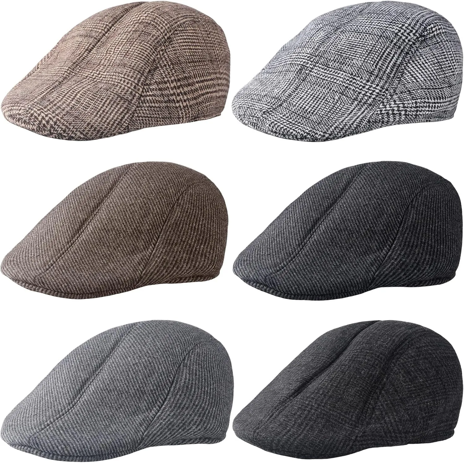 Newcotte 6 Pieces Newsboy Cap for Men Classic Herringbone Tweed Flat Cap Irish Beret Hat for Cabbie Driving Hunting