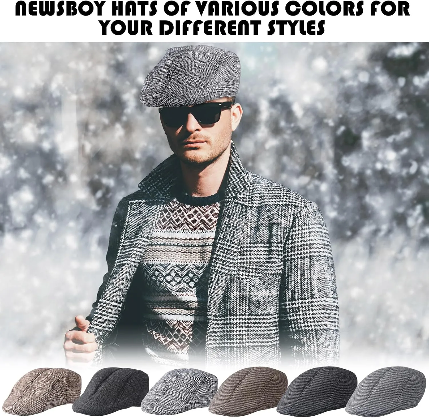 Newcotte 6 Pieces Newsboy Cap for Men Classic Herringbone Tweed Flat Cap Irish Beret Hat for Cabbie Driving Hunting