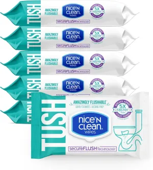 Nice 'N Clean SecureFLUSH Flushable Wet Wipes (42 Count - 6 Packs) | Moist Toilet Tissue with Moisturizing Aloe & Vitamin E | 0% Alcohol Formula for Sensitive Skin | Butt Wipes for Adults