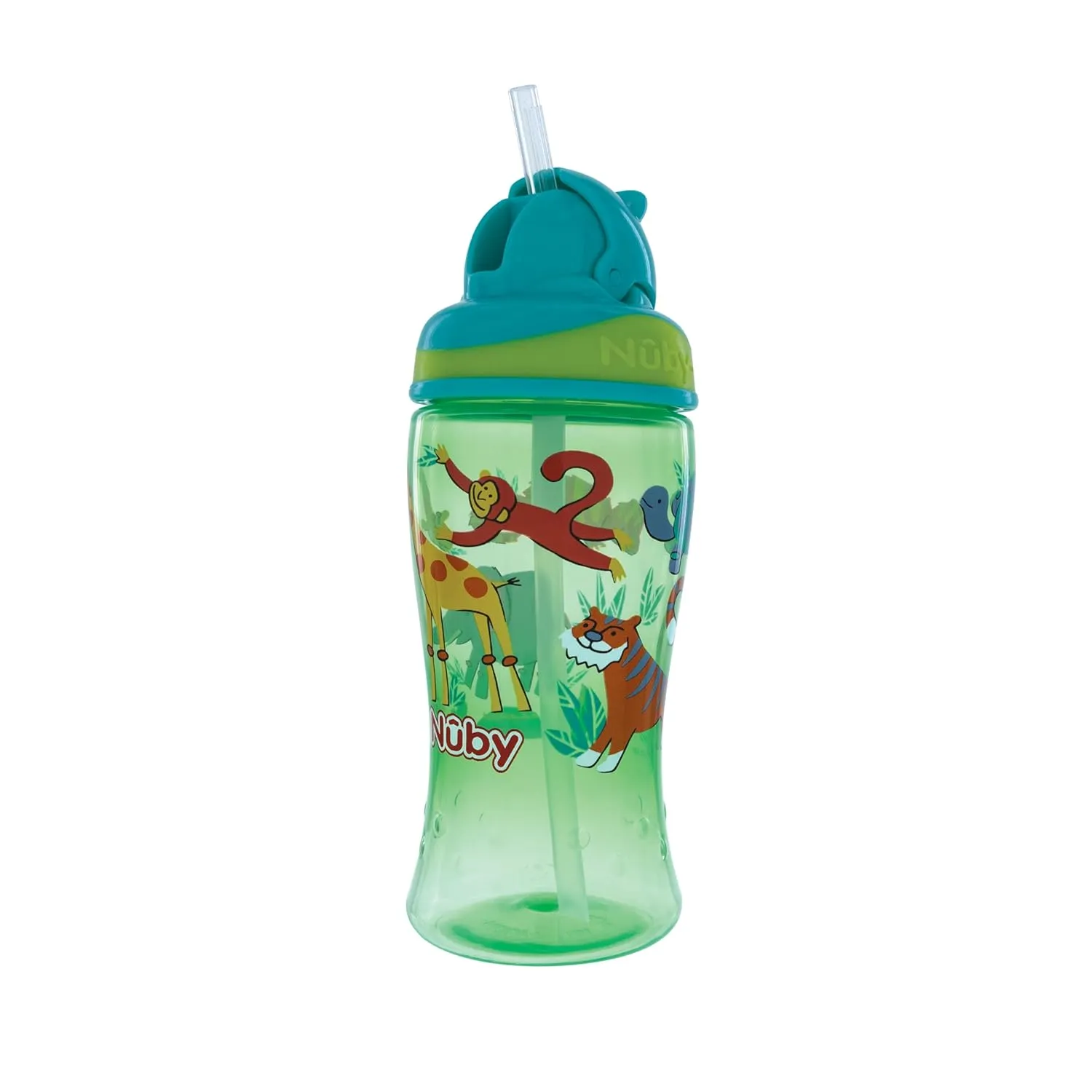 Nuby 2-Pack Thirsty Kids No-Spill Flip-it Printed Boost Cup with Thin Soft Straw - 12oz, 18  Months, 2-Pack, Pink Fox & Green Tiger