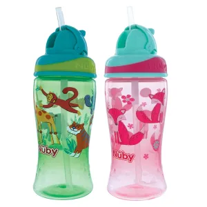 Nuby 2-Pack Thirsty Kids No-Spill Flip-it Printed Boost Cup with Thin Soft Straw - 12oz, 18  Months, 2-Pack, Pink Fox & Green Tiger