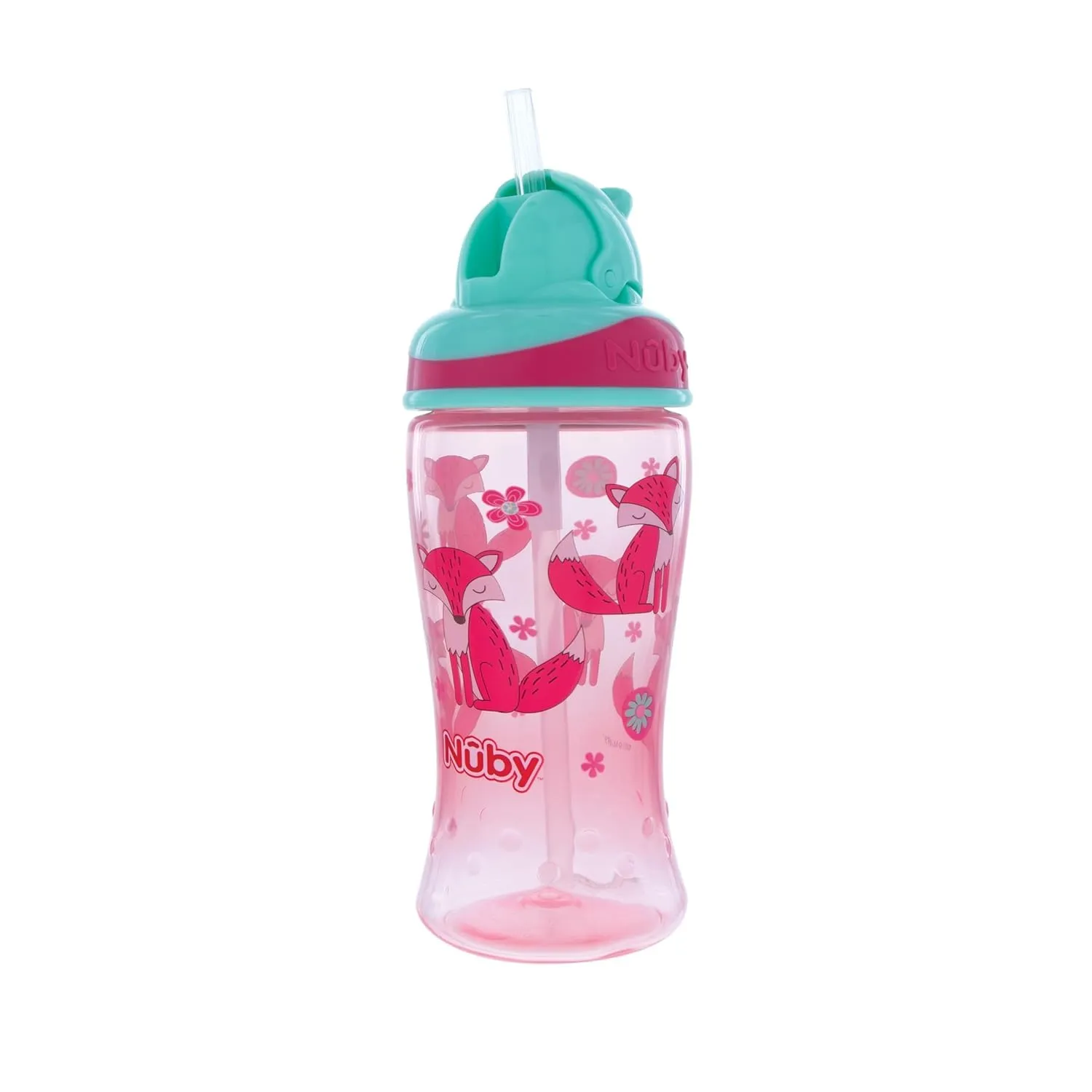 Nuby 2-Pack Thirsty Kids No-Spill Flip-it Printed Boost Cup with Thin Soft Straw - 12oz, 18  Months, 2-Pack, Pink Fox & Green Tiger