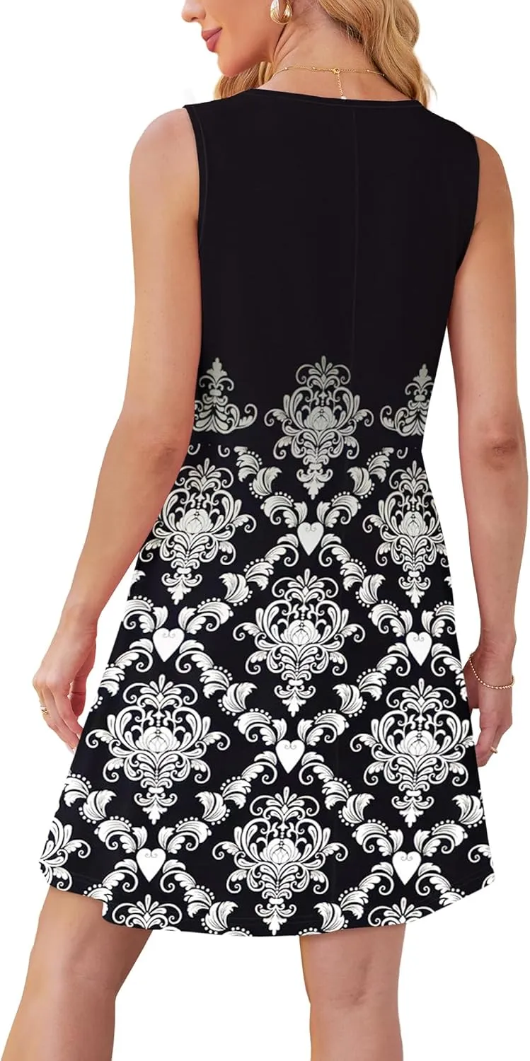 OFEEFAN Womens Pleated Front Tank Dresses Fashion Spring Sleeveless Pockets Sundress Casual Summer