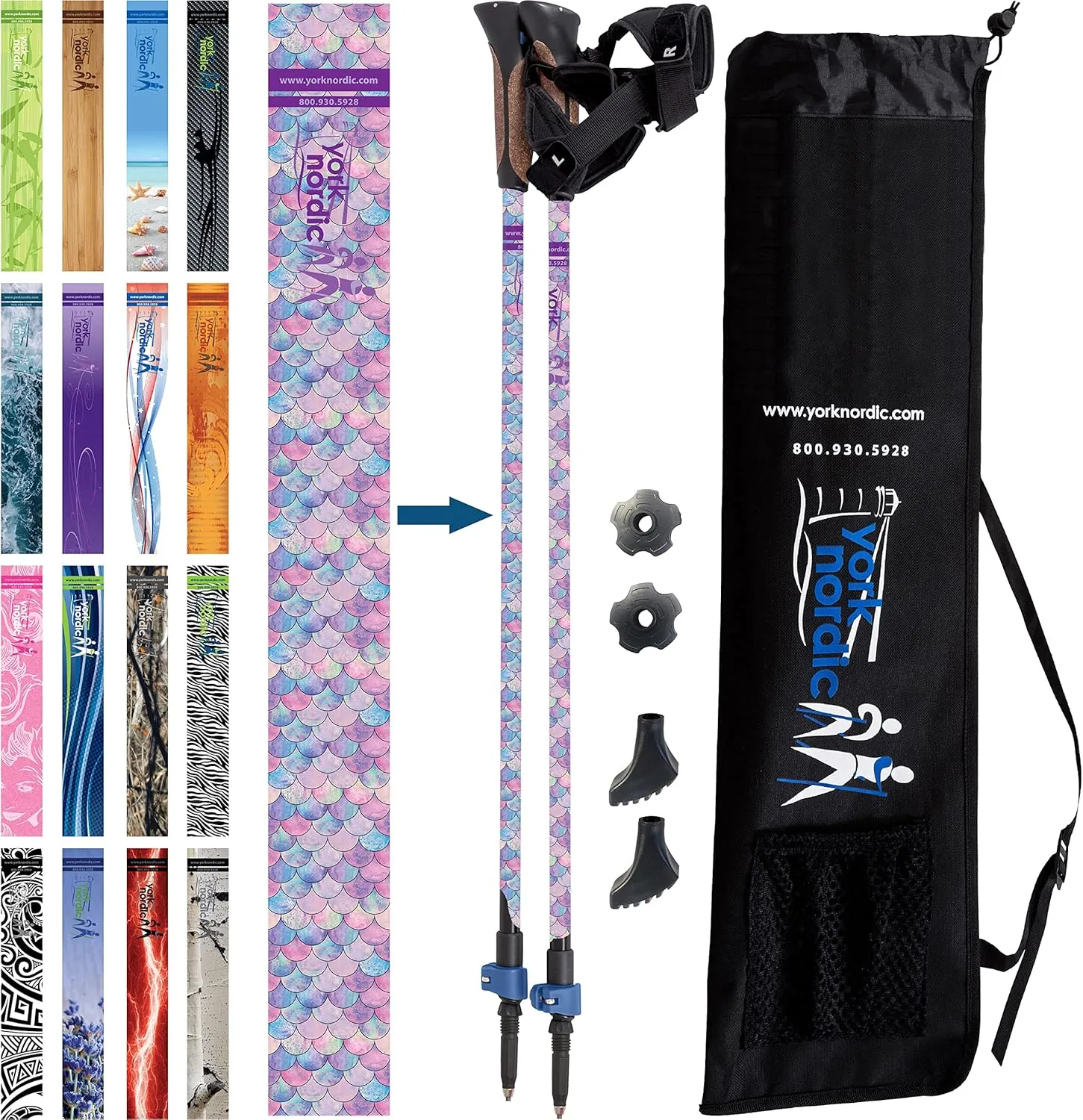 Official Nordic Walking Poles - True Classic Nordic Glove Grips, Lightweight, Adjustable, and Collapsible -2 Pieces w/flip Locks, Detachable Feet and Travel Bag by York Nordic - Heights 5'4"-6'2"