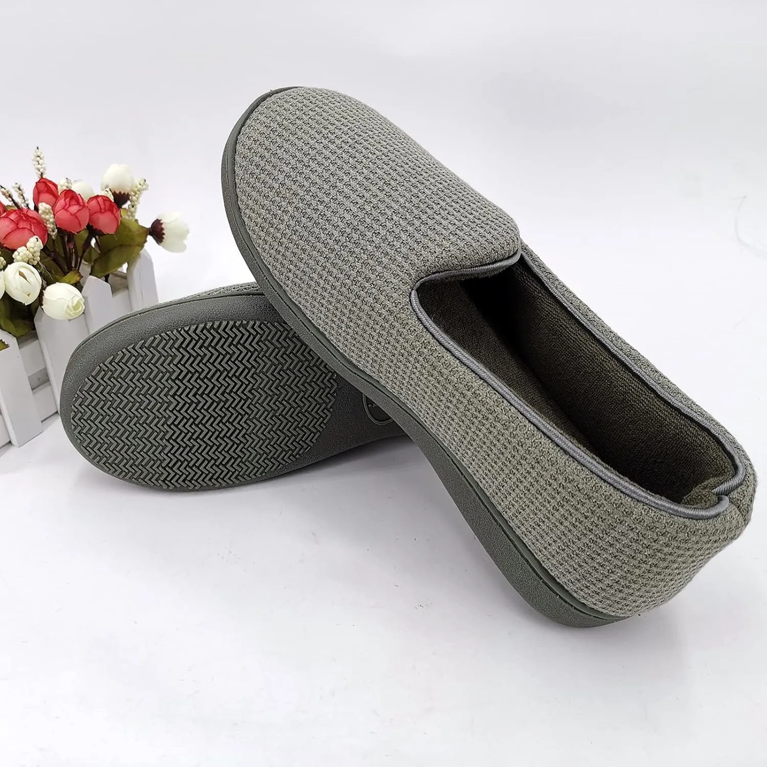 ofoot Womens Comfortable Memory Foam House Slippers Indoor Flat Shoes With Back Cotton Terry Cloth Lining Non Slip Soles