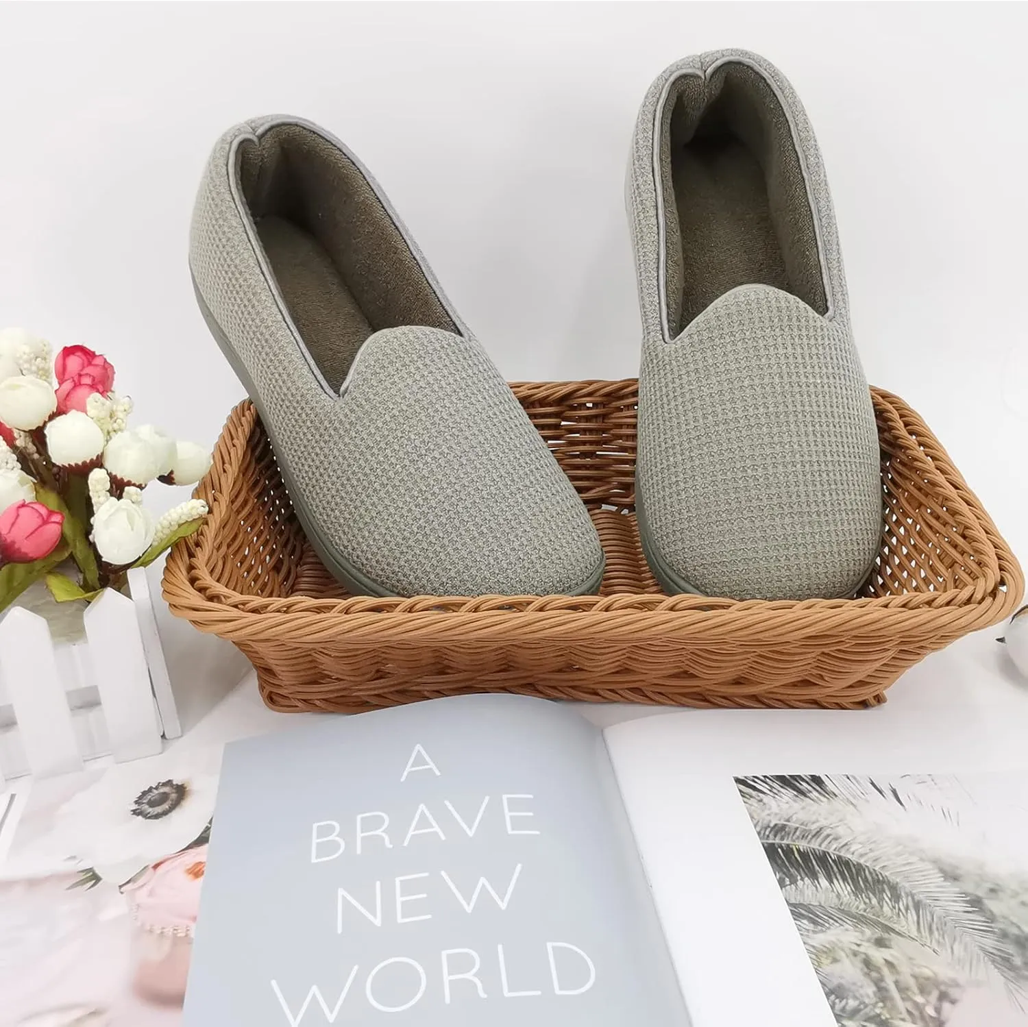 ofoot Womens Comfortable Memory Foam House Slippers Indoor Flat Shoes With Back Cotton Terry Cloth Lining Non Slip Soles