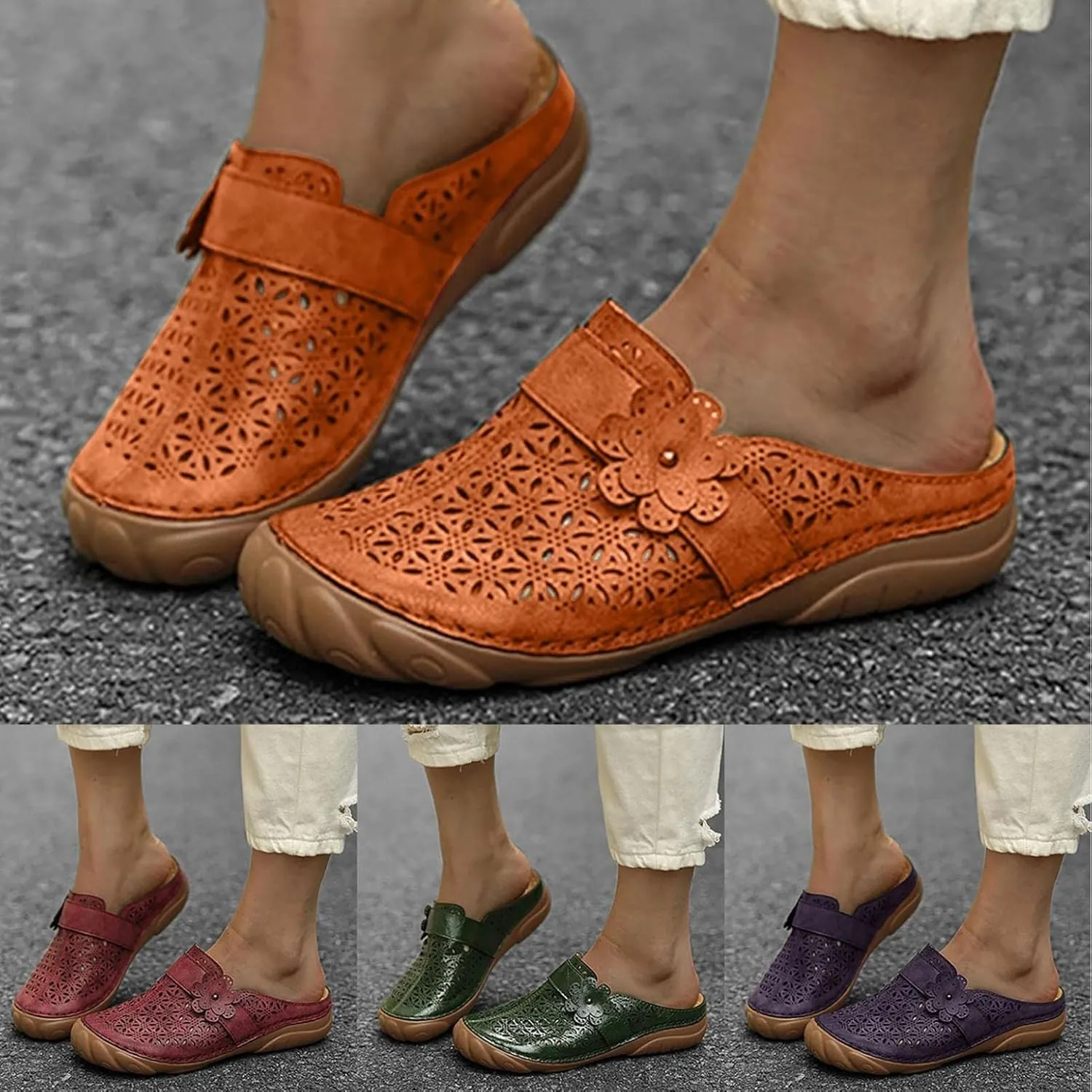 oiangi Comfortable Wedge Sandals for Women Casual Summer Carved Flower Hollow Closed Toe Wedge Slip-on Slipper Soft Baotou Breathable Home Outdoor Shoes