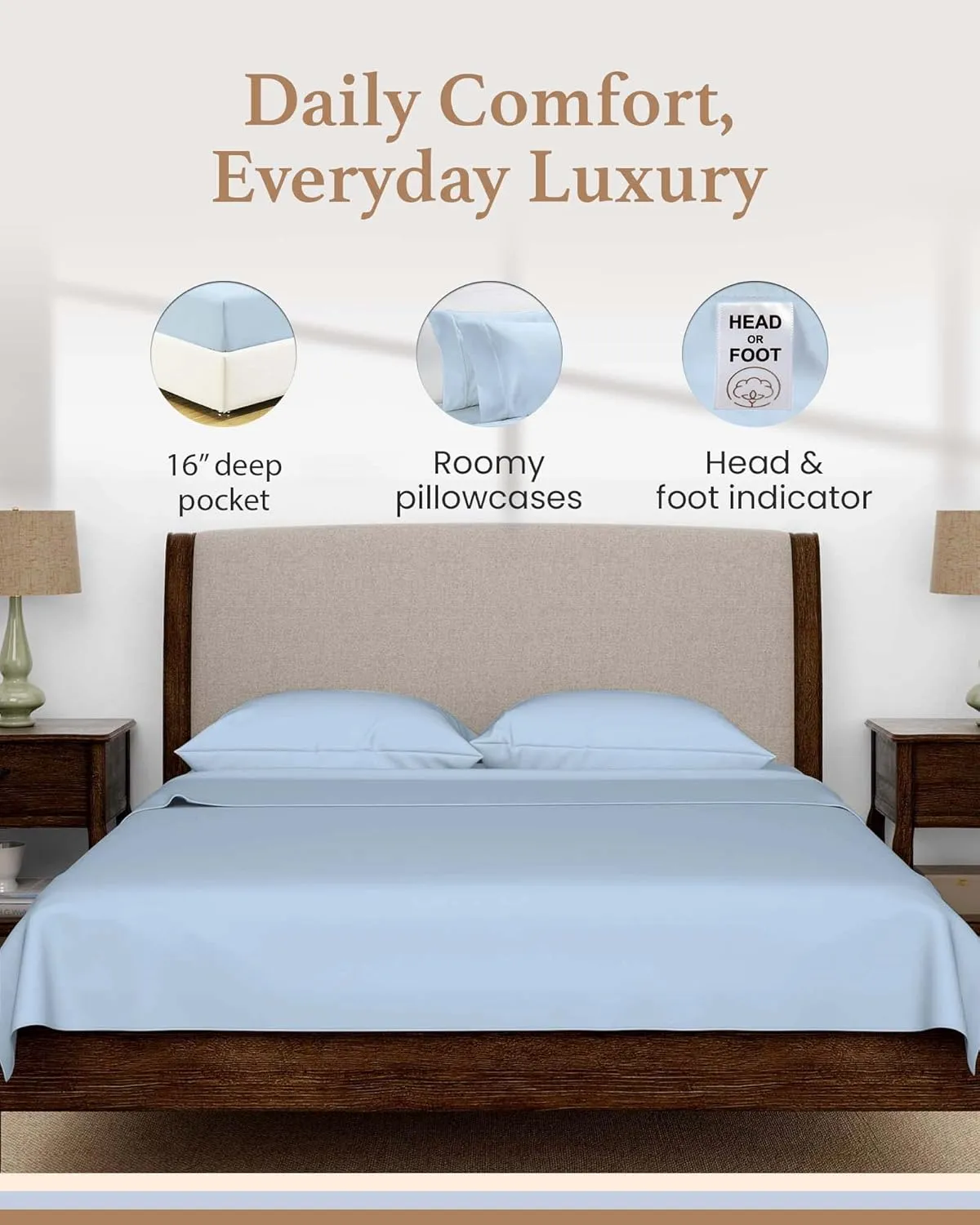 Olympic Queen Sheets Set, 100% Egyptian Cotton, Luxury 600 Thread Count, 4 Pc Super Queen Sheets Sets, Soft & Breathable, Snug Fit,16" Deep Pocket Fitted Sheet, 2 Pillowcases & 1 Flat Sheet,Light Blue