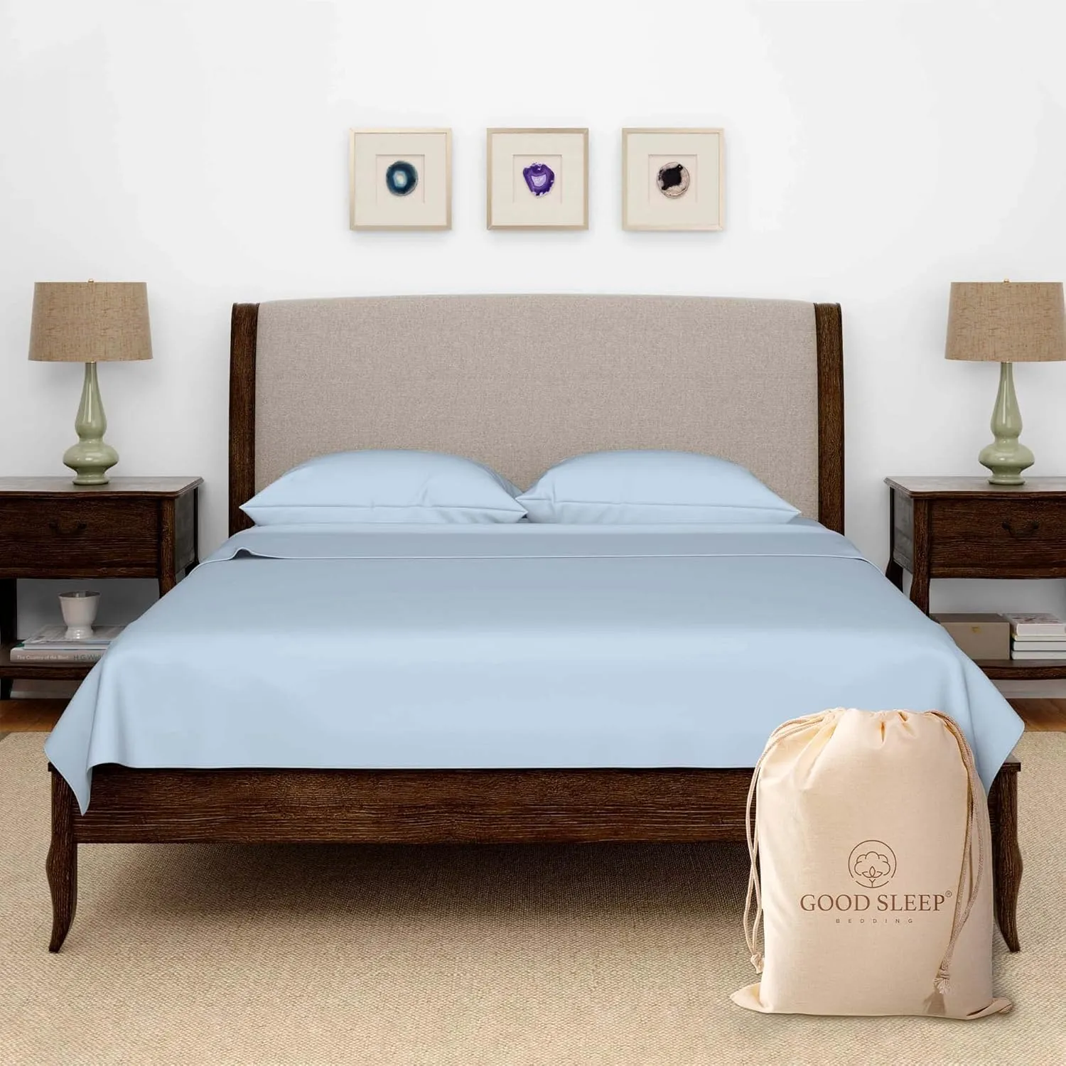 Olympic Queen Sheets Set, 100% Egyptian Cotton, Luxury 600 Thread Count, 4 Pc Super Queen Sheets Sets, Soft & Breathable, Snug Fit,16" Deep Pocket Fitted Sheet, 2 Pillowcases & 1 Flat Sheet,Light Blue