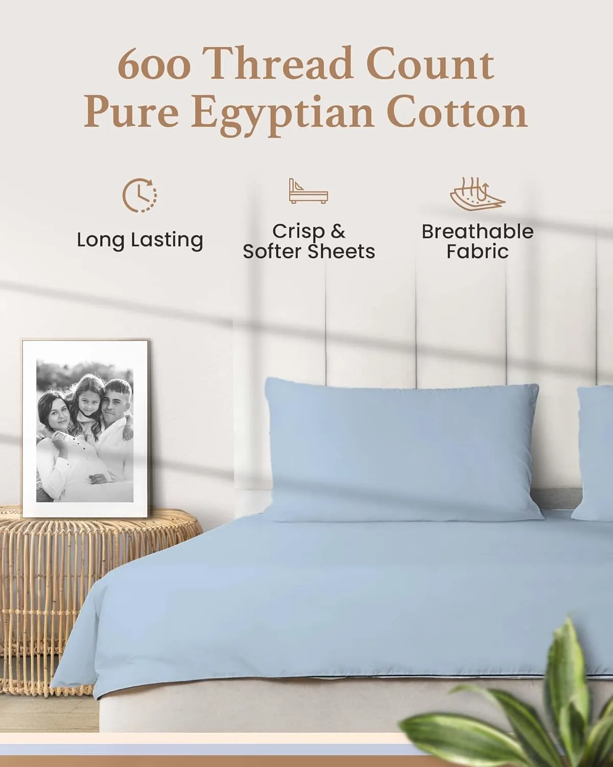Olympic Queen Sheets Set, 100% Egyptian Cotton, Luxury 600 Thread Count, 4 Pc Super Queen Sheets Sets, Soft & Breathable, Snug Fit,16" Deep Pocket Fitted Sheet, 2 Pillowcases & 1 Flat Sheet,Light Blue