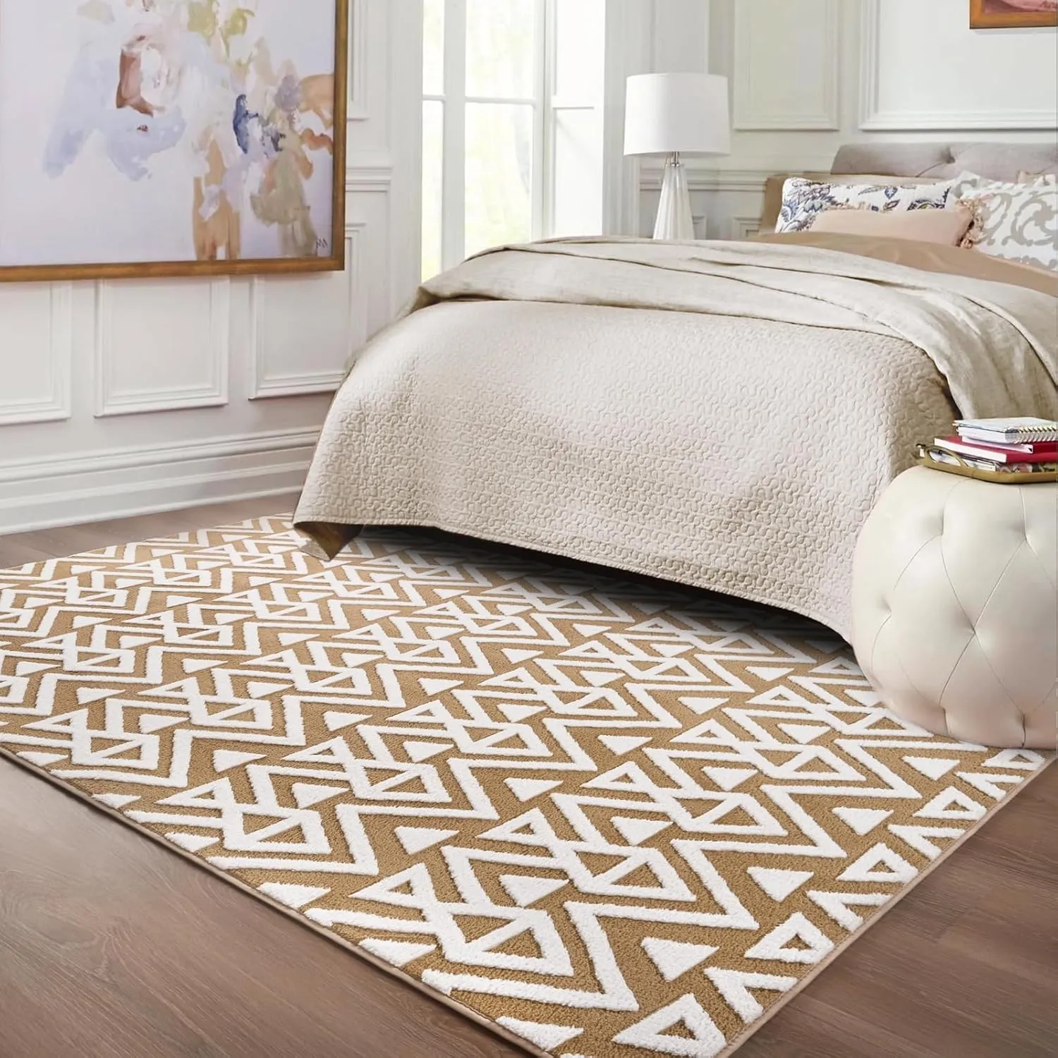 Ompaa Ultra Soft Shaggy Rugs Memory Foam Bedroom Carpet, Beige 4 x 6 Feet, Plush Geometric Textured Area Rugs for Living Room Couch Dorm Bedside Kids Girls Teens Room Nursery Decor Floor Mat