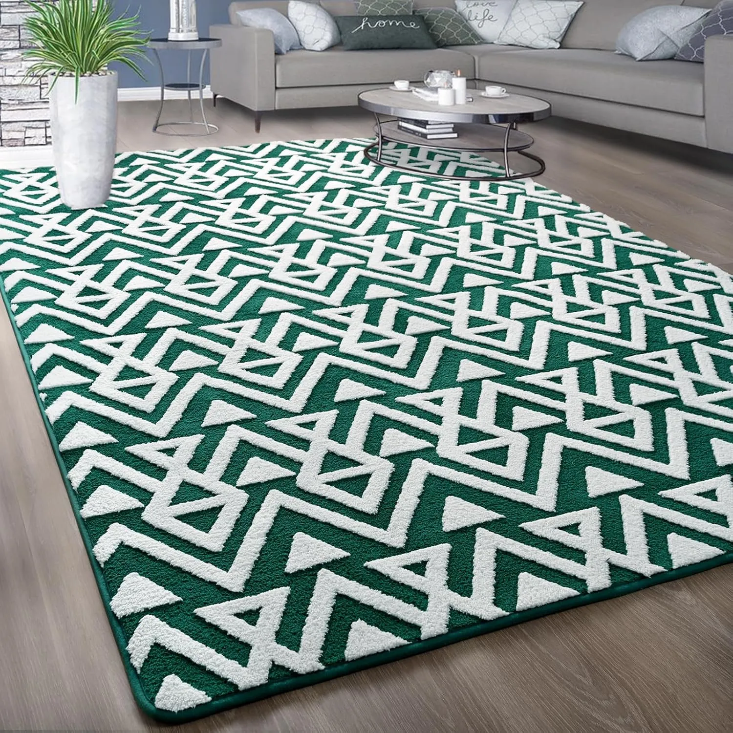Ompaa Ultra Soft Shaggy Rugs Memory Foam Bedroom Carpet, Green and White 4 x 6 Feet, Plush Geometric Textured Area Rugs for Living Room Couch Dorm Kids Girls Teens Room Nursery Decor Floor Mat