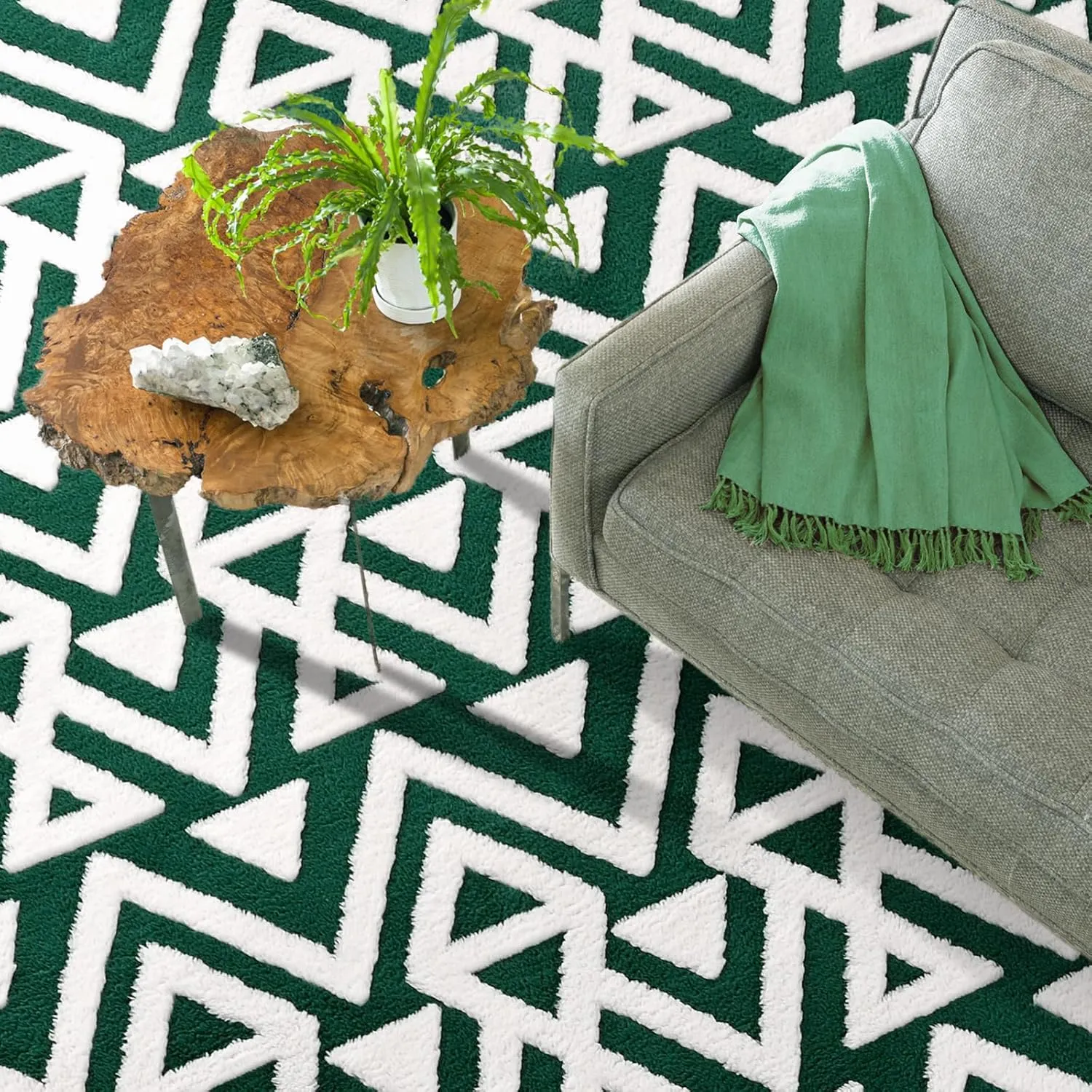 Ompaa Ultra Soft Shaggy Rugs Memory Foam Bedroom Carpet, Green and White 4 x 6 Feet, Plush Geometric Textured Area Rugs for Living Room Couch Dorm Kids Girls Teens Room Nursery Decor Floor Mat