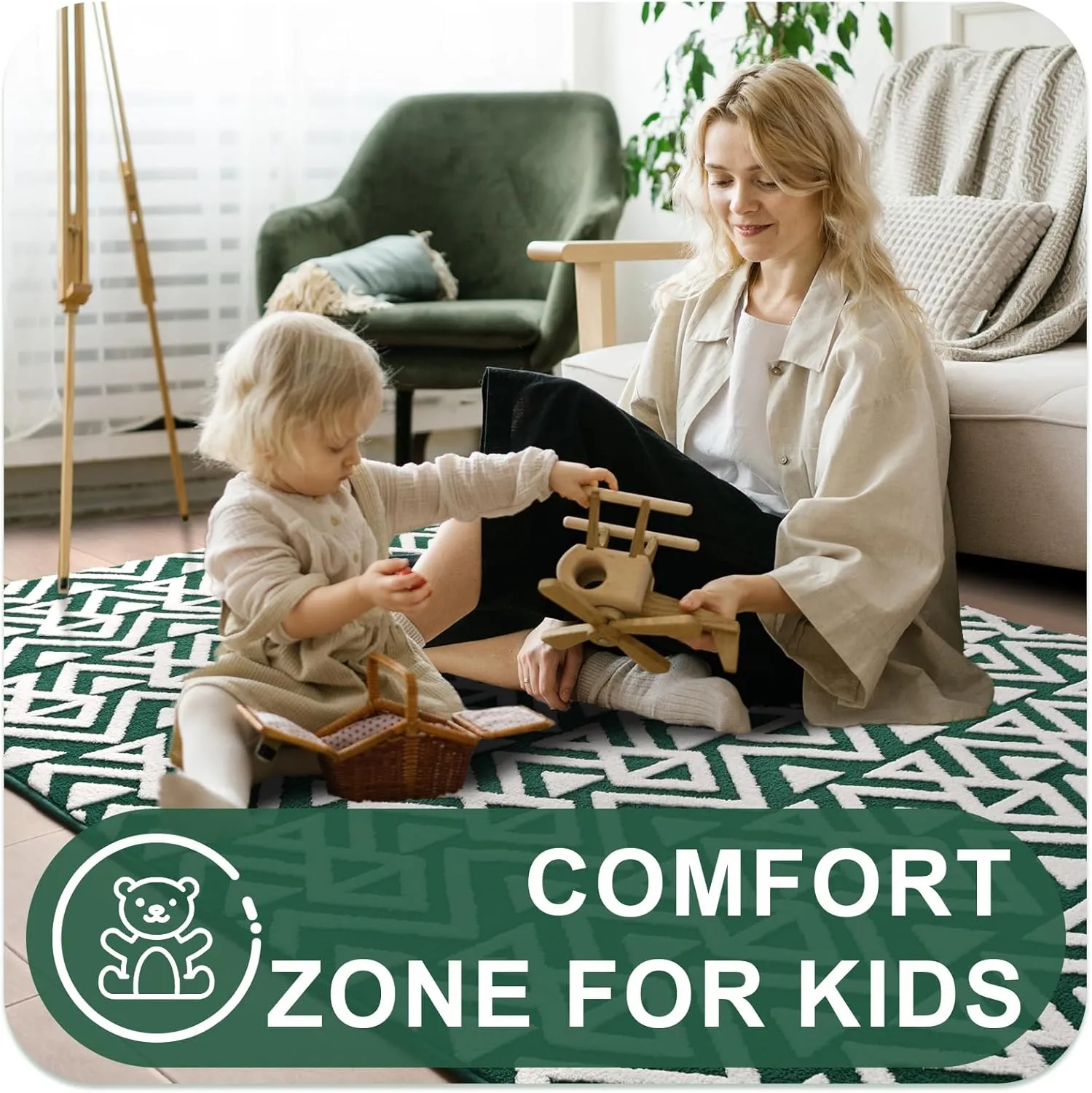 Ompaa Ultra Soft Shaggy Rugs Memory Foam Bedroom Carpet, Green and White 4 x 6 Feet, Plush Geometric Textured Area Rugs for Living Room Couch Dorm Kids Girls Teens Room Nursery Decor Floor Mat