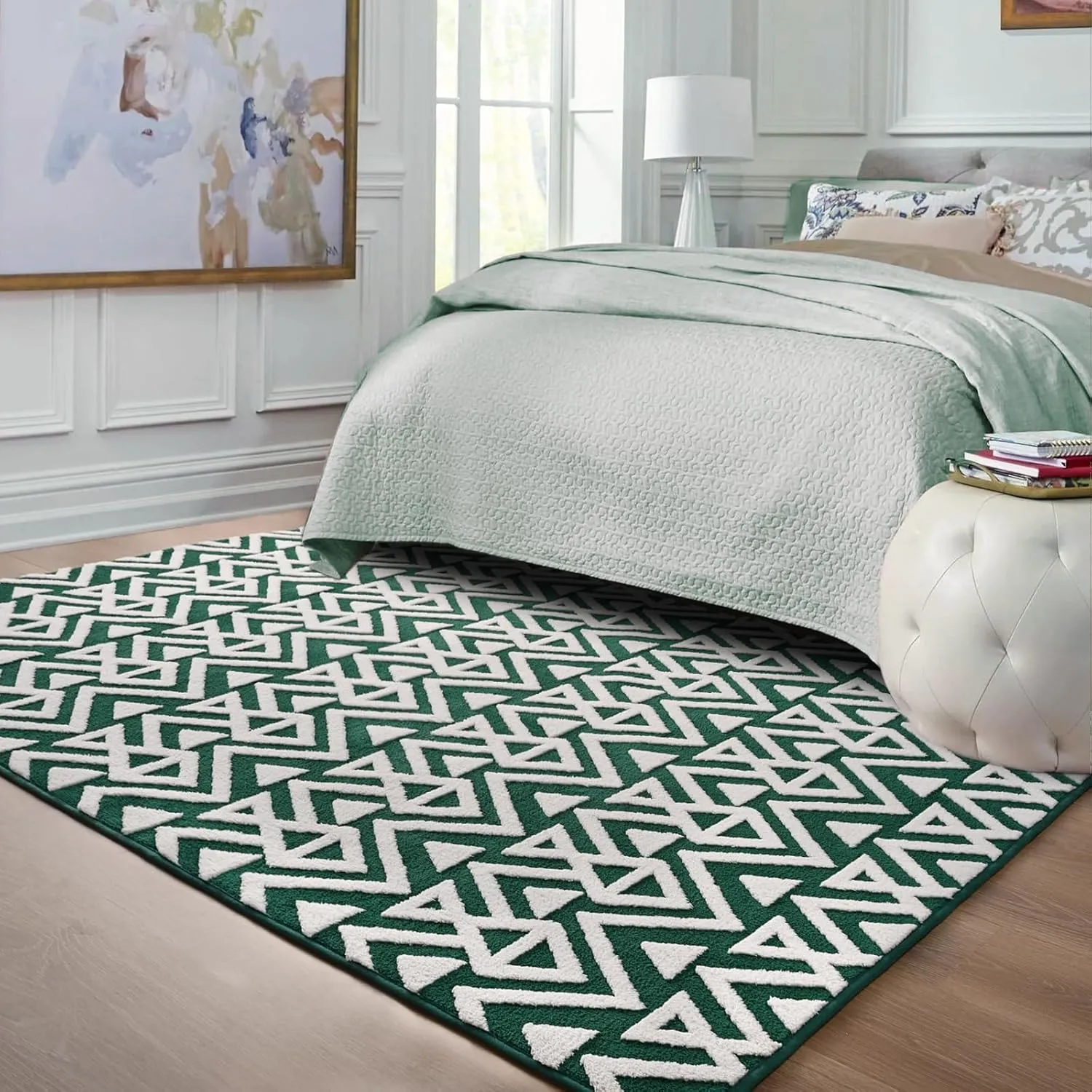 Ompaa Ultra Soft Shaggy Rugs Memory Foam Bedroom Carpet, Green and White 4 x 6 Feet, Plush Geometric Textured Area Rugs for Living Room Couch Dorm Kids Girls Teens Room Nursery Decor Floor Mat