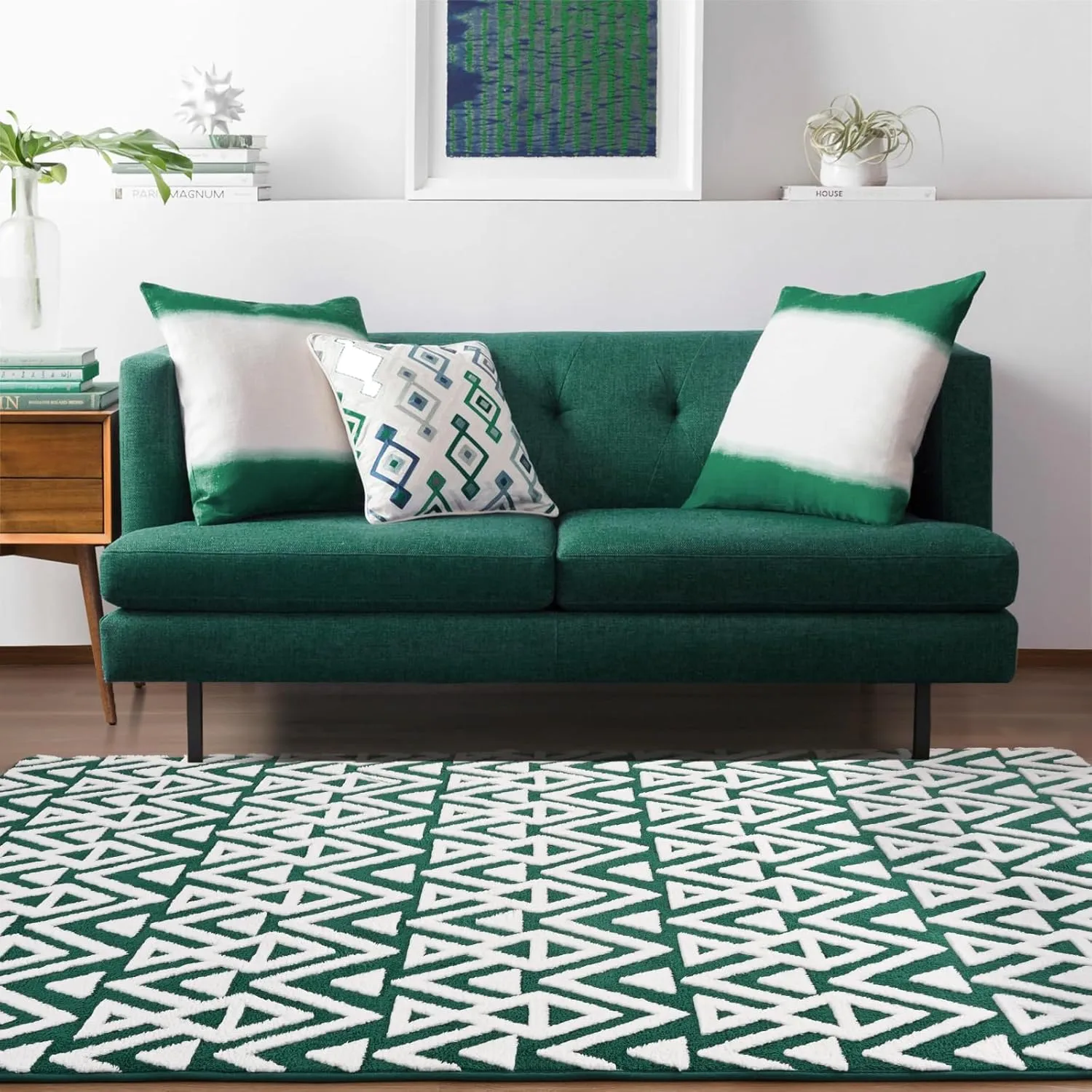 Ompaa Ultra Soft Shaggy Rugs Memory Foam Bedroom Carpet, Green and White 4 x 6 Feet, Plush Geometric Textured Area Rugs for Living Room Couch Dorm Kids Girls Teens Room Nursery Decor Floor Mat