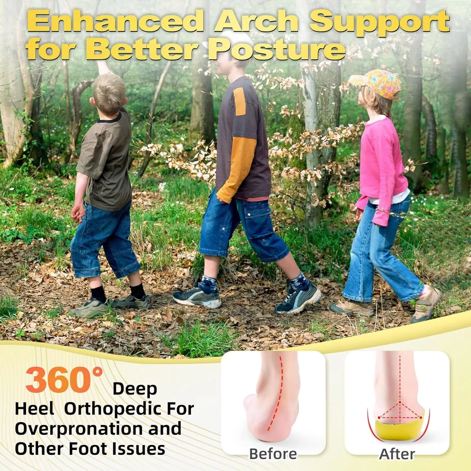 OrthoComfoot Kids Orthopedic Comfort Children’s Insoles : Flat Feet Gel Inserts for Plantar Fasciitis Relief, Athletic Orthotic High Arch Support Insoles, No Trimming,Size 3 Little Kid