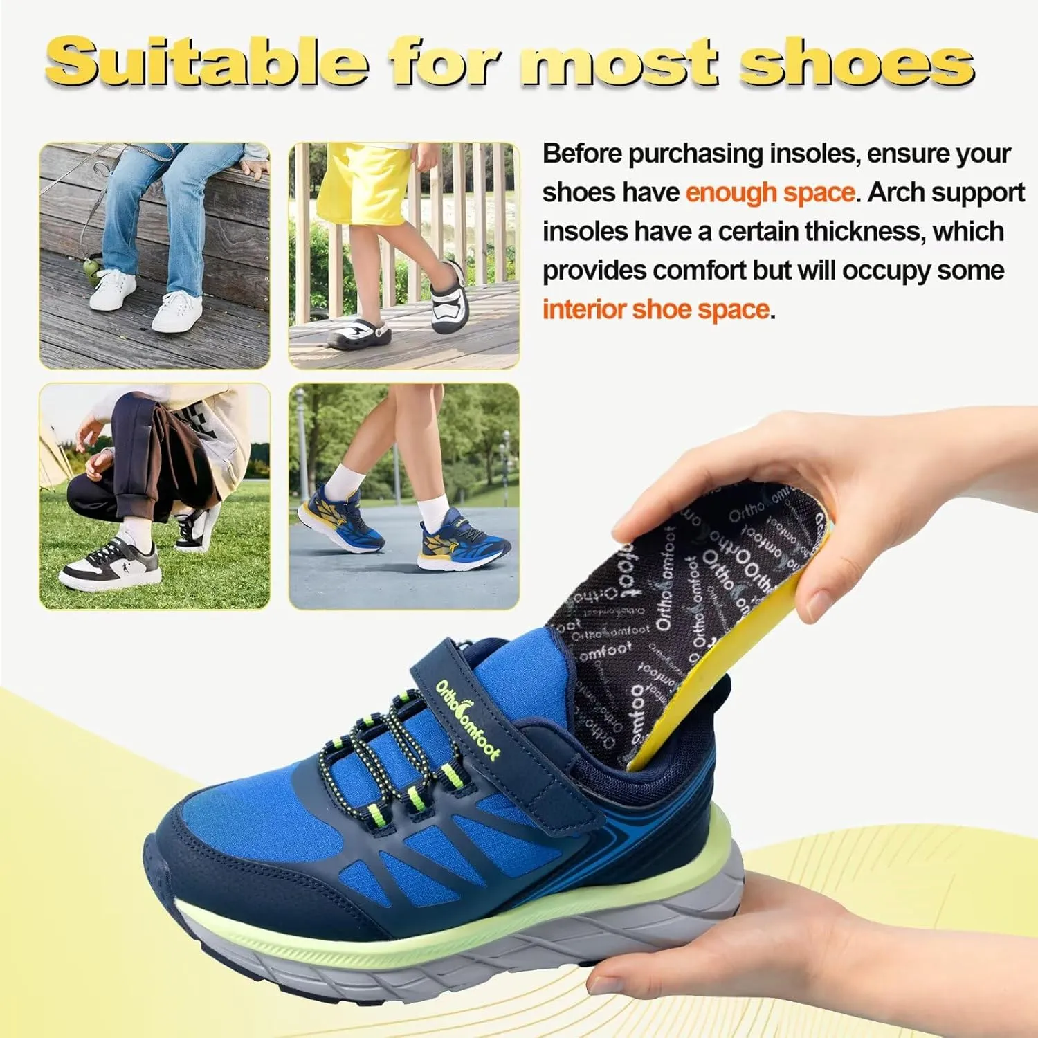 OrthoComfoot Kids Orthopedic Comfort Children’s Insoles : Flat Feet Gel Inserts for Plantar Fasciitis Relief, Athletic Orthotic High Arch Support Insoles, No Trimming,Size 3 Little Kid