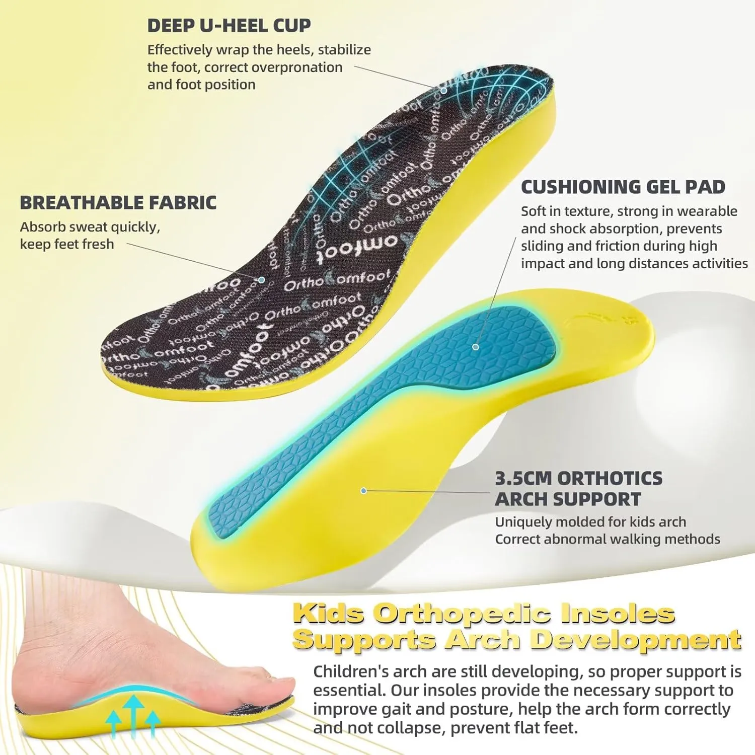 OrthoComfoot Kids Orthopedic Comfort Children’s Insoles : Flat Feet Gel Inserts for Plantar Fasciitis Relief, Athletic Orthotic High Arch Support Insoles, No Trimming,Size 3 Little Kid