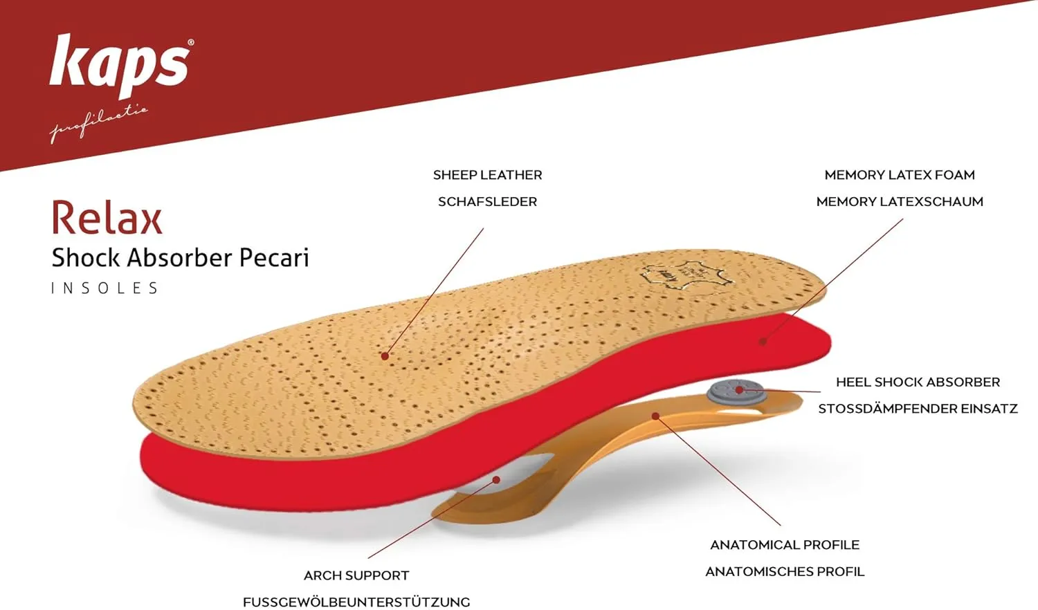 Orthotic Orthopedic Shoe Insoles Inserts with Arch Support Made of Premium Leather and Memory Foam, Kaps Relax Shock Absorber Pecari (38 EUR / 7 US/Women)