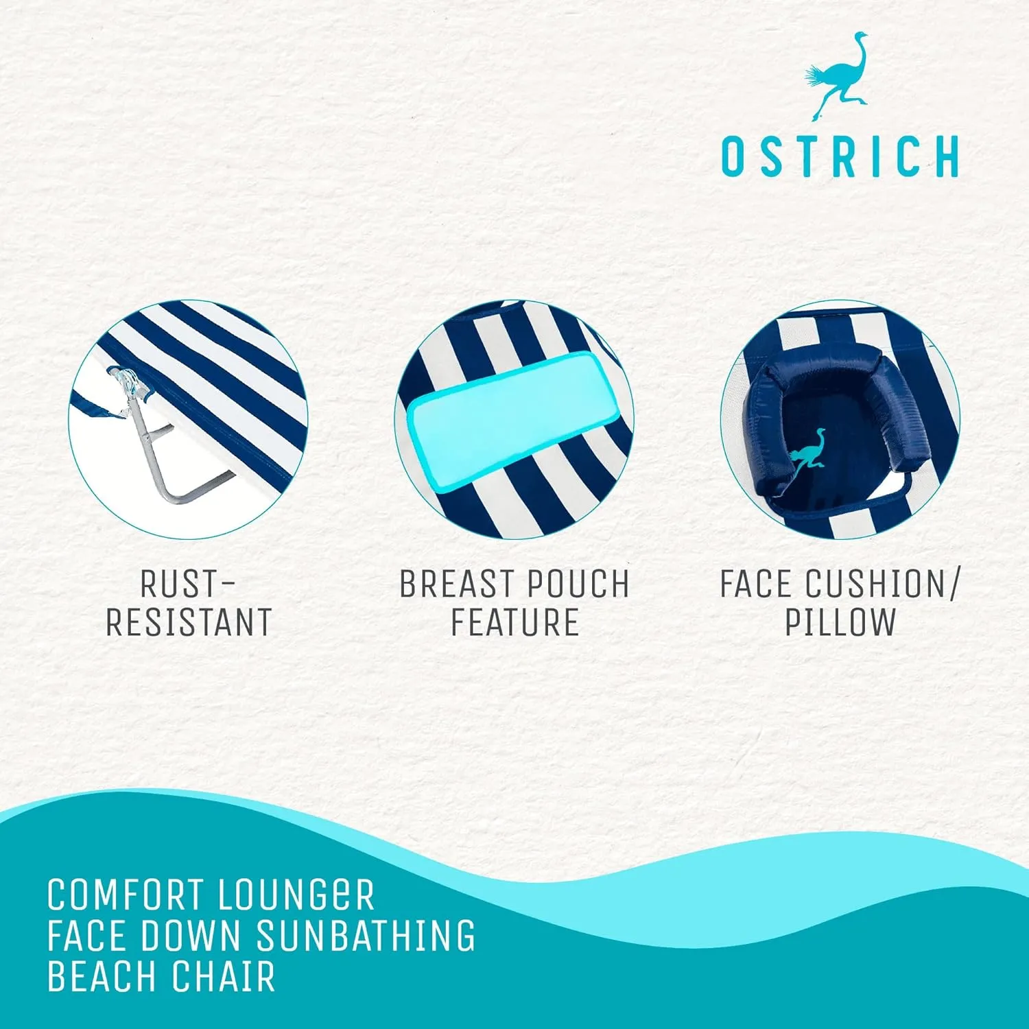 Ostrich Ladies Comfort Lounger with Chest Support, Portable Reclining Outdoor Patio Beach Lawn Camping Pool Tanning Chair, Blue Stripe