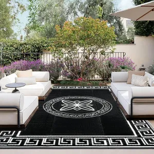 OutdoorLines Outdoor Reversible Rugs for Patio 5x8 ft - Plastic Area Rug, Stain & UV Resistant Portable RV Carpet, Plastic Straw Mats for Porch, Pool Deck and Camping Quatrefoil/Black & White