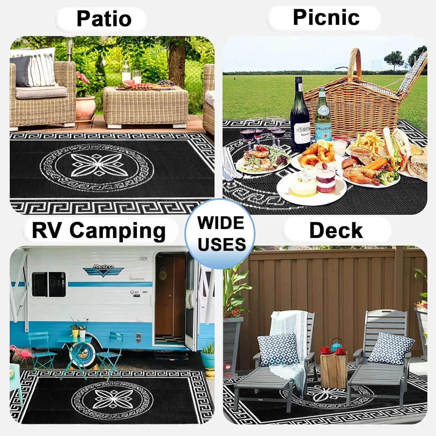 OutdoorLines Outdoor Reversible Rugs for Patio 5x8 ft - Plastic Area Rug, Stain & UV Resistant Portable RV Carpet, Plastic Straw Mats for Porch, Pool Deck and Camping Quatrefoil/Black & White