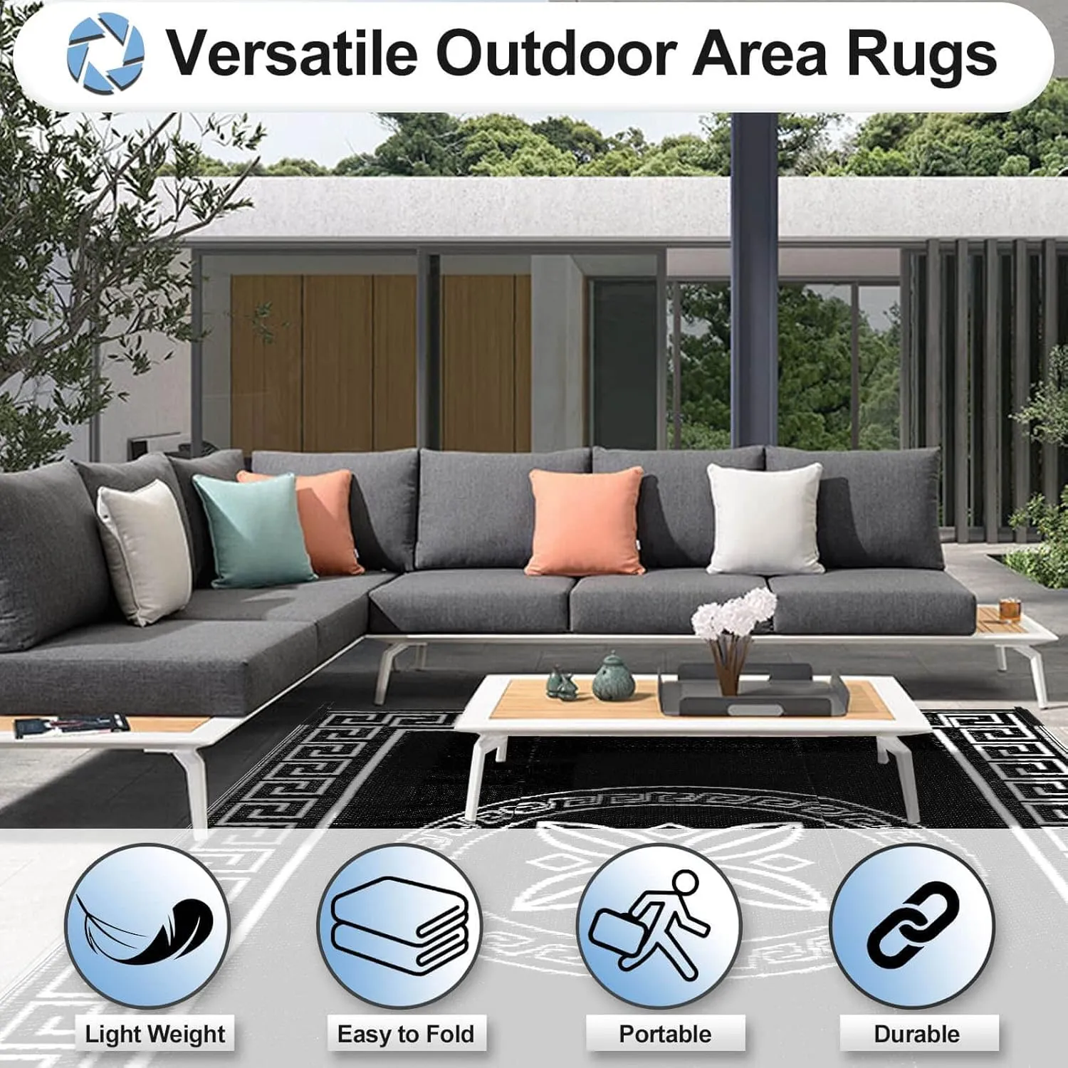 OutdoorLines Outdoor Reversible Rugs for Patio 5x8 ft - Plastic Area Rug, Stain & UV Resistant Portable RV Carpet, Plastic Straw Mats for Porch, Pool Deck and Camping Quatrefoil/Black & White