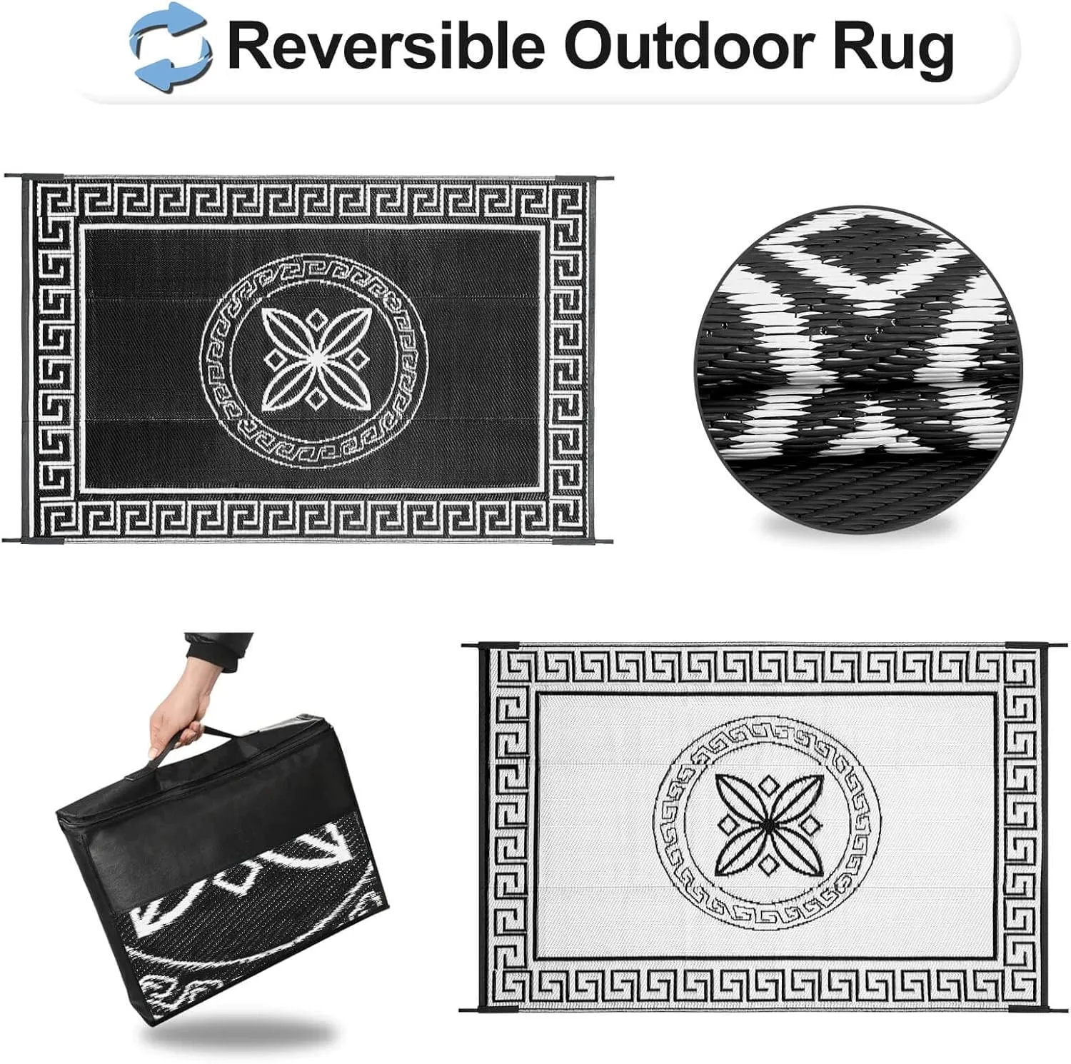 OutdoorLines Outdoor Reversible Rugs for Patio 5x8 ft - Plastic Area Rug, Stain & UV Resistant Portable RV Carpet, Plastic Straw Mats for Porch, Pool Deck and Camping Quatrefoil/Black & White