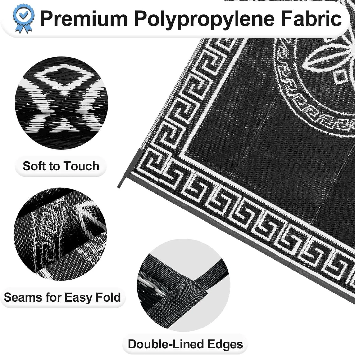 OutdoorLines Outdoor Reversible Rugs for Patio 5x8 ft - Plastic Area Rug, Stain & UV Resistant Portable RV Carpet, Plastic Straw Mats for Porch, Pool Deck and Camping Quatrefoil/Black & White