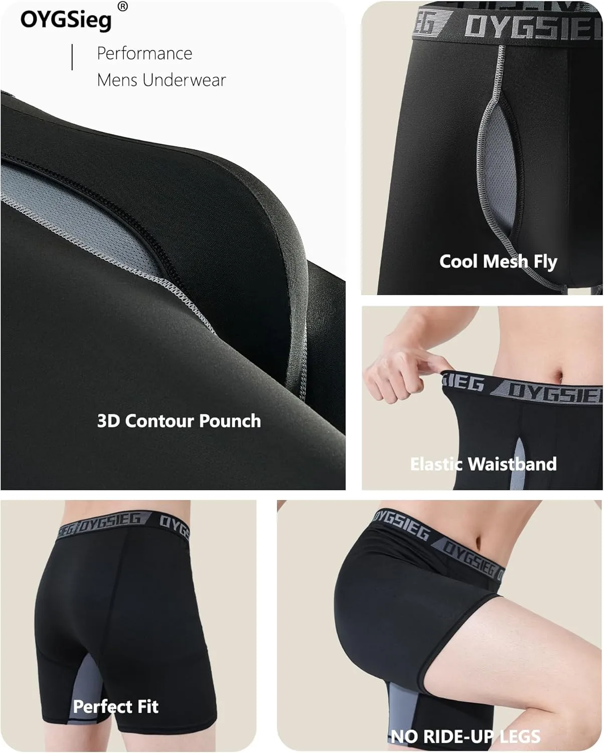 OYGSieg Men's Boxer Briefs,Fly with Built-in Total Support Pouch Moisture-Wicking Odor Control Cool Underwear for Men 5-Pack