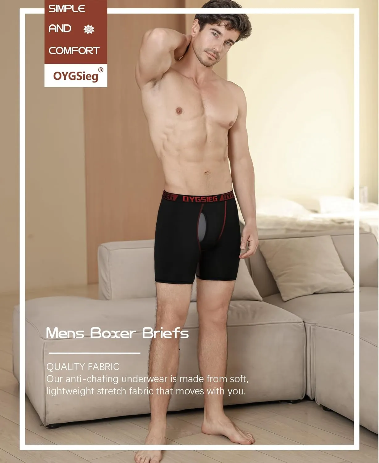 OYGSieg Men's Boxer Briefs,Fly with Built-in Total Support Pouch Moisture-Wicking Odor Control Cool Underwear for Men 5-Pack