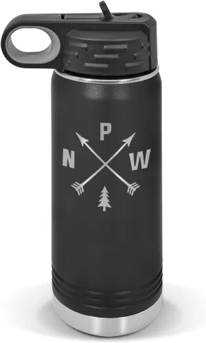 Pacific Northwest PNW Water Bottle 20 oz - Laser Engraved w/Flip Top Removable Straw - Polar Camel - Stainless - Vacuum Insulated - Drinkware - Hiking Camp Hike Camping Explore Wild