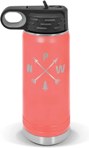 Pacific Northwest PNW Water Bottle 20 oz - Laser Engraved w/Flip Top Removable Straw - Polar Camel - Stainless - Vacuum Insulated - Drinkware - Hiking Camp Hike Camping Explore Wild