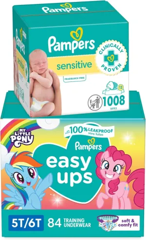 Pampers Easy Ups Pull On Training Pants My Little Pony, 5T-6T, 844 Count with Sensitive Water Based Baby Wipes 12 Flip-Top Packs (1008 Wipes Total)