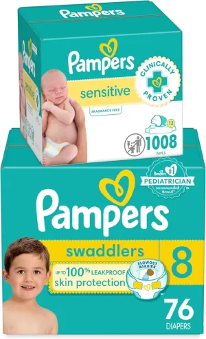 Pampers Swaddlers Disposable Baby Diapers Size 8, 76 Count with Sensitive Water Based Baby Wipes 12 Flip-Top Packs (1008 Wipes Total)