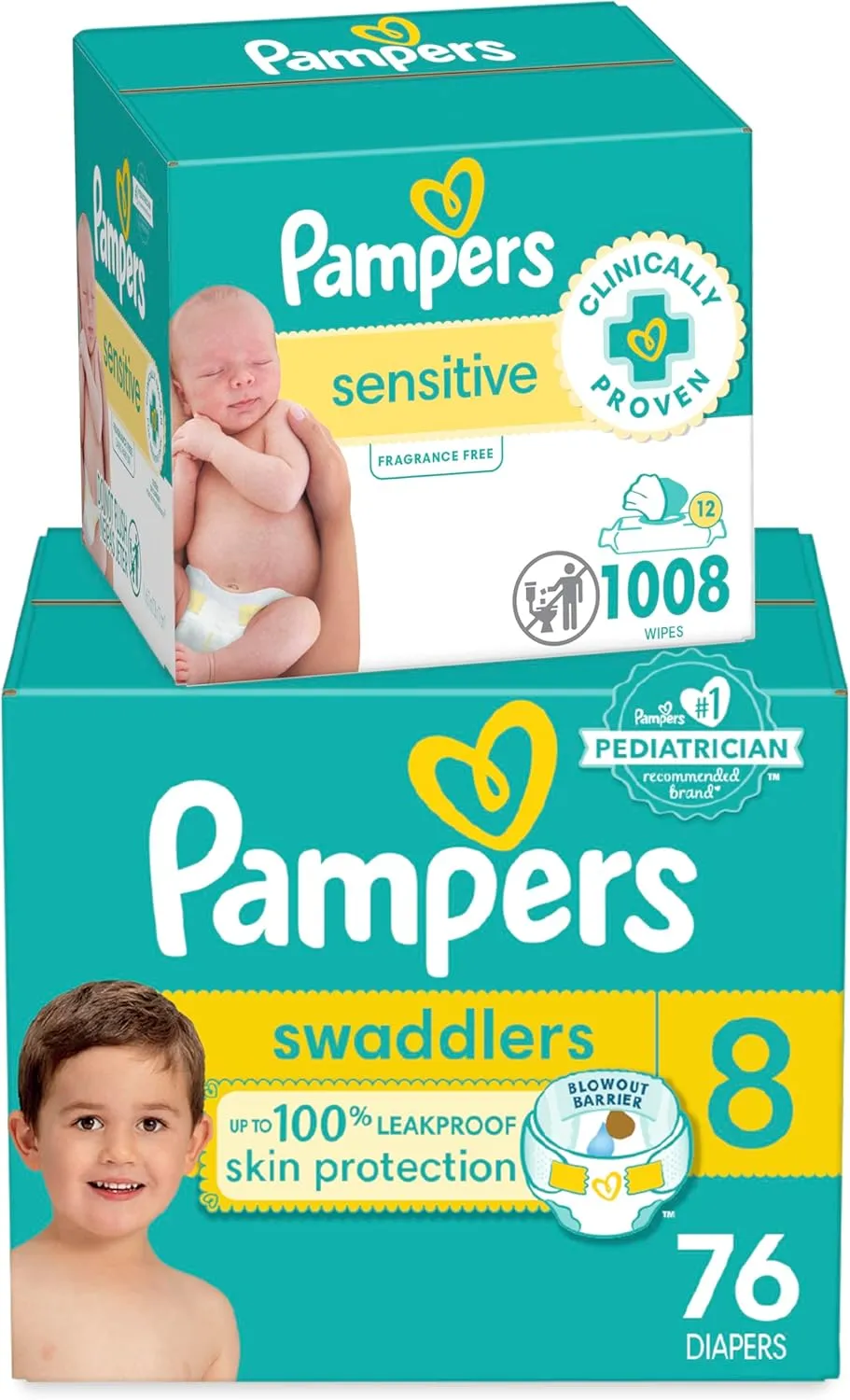 Pampers Swaddlers Disposable Baby Diapers Size 8, 76 Count with Sensitive Water Based Baby Wipes 12 Flip-Top Packs (1008 Wipes Total)