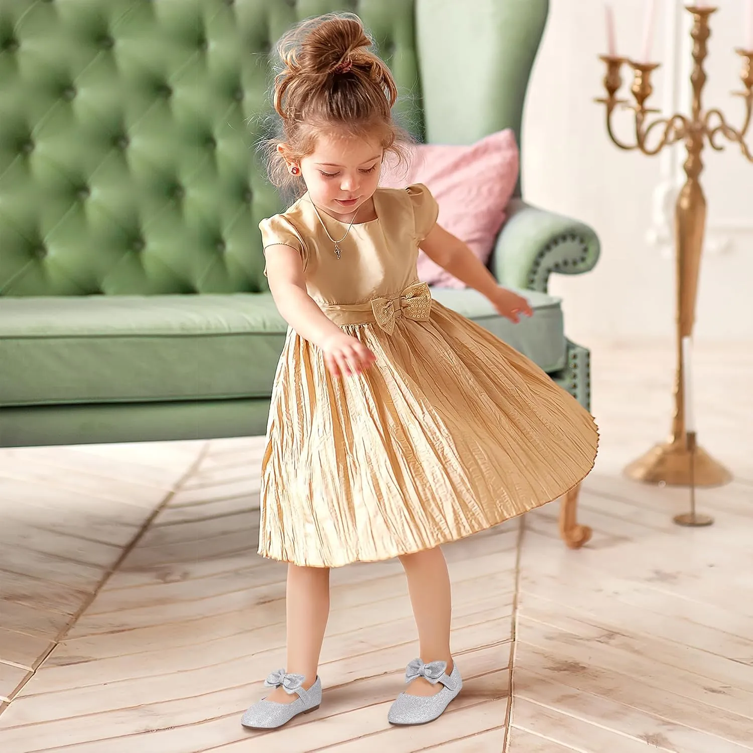 PANDANINJIA Toddler/Little Kid Girl's Angela Dress Mary Jane Ballet Flats Bow Flower Girl Wedding Party Ballerina Flat Shoes