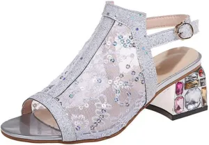 pearlzone Mesh Rhinestone Sandals for Womens Latin Mid Chunky Heel Dance Shoes Heeled Ballroom Salsa Tango Party Sequin Sexy Dance Shoes