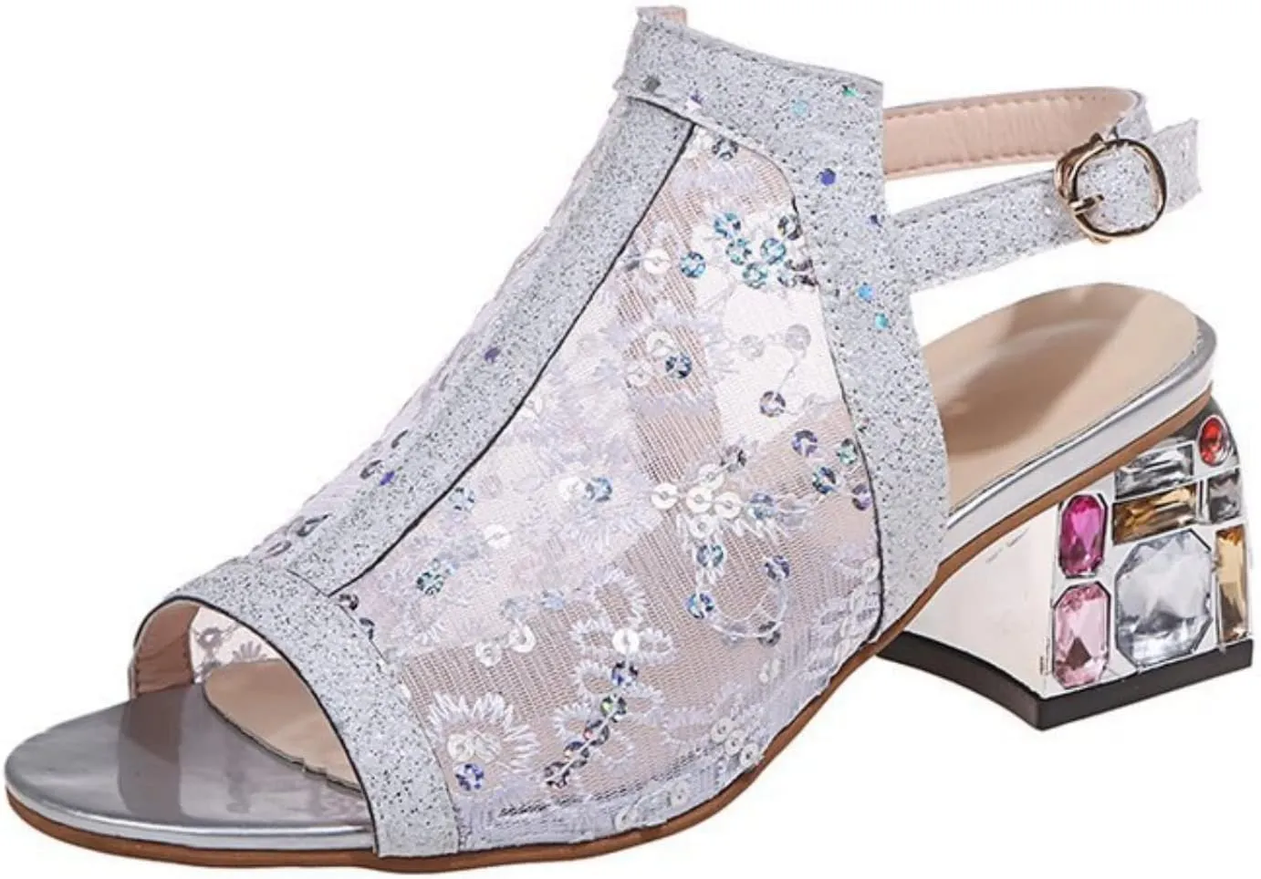 pearlzone Mesh Rhinestone Sandals for Womens Latin Mid Chunky Heel Dance Shoes Heeled Ballroom Salsa Tango Party Sequin Sexy Dance Shoes
