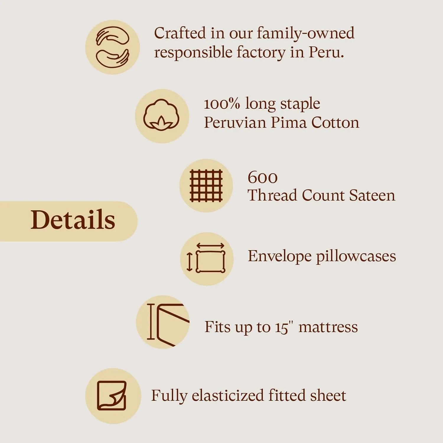 Peru Pima, Queen Size Bed Sheets Set, 4 Piece Bedding, 600 Thread Count, Breathable & Cooling Sheets, Sateen, 100% Peruvian Pima Cotton, Latte