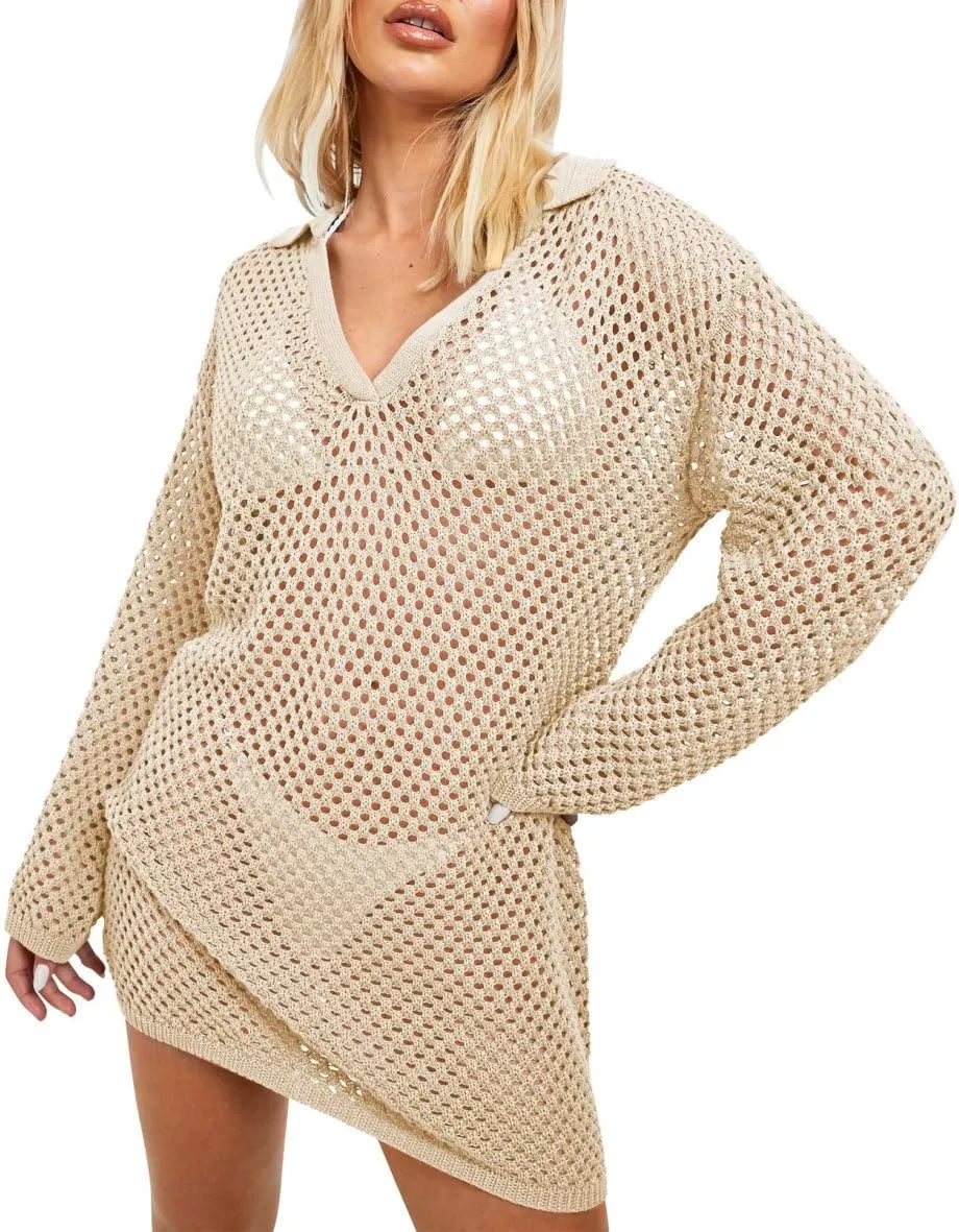 Pink Queen Crochet Swimsuit Cover Up for Women 2025 Sexy Hollow Out Bikini Bathing Suit Coverup Knit Beach Swimwear Dress