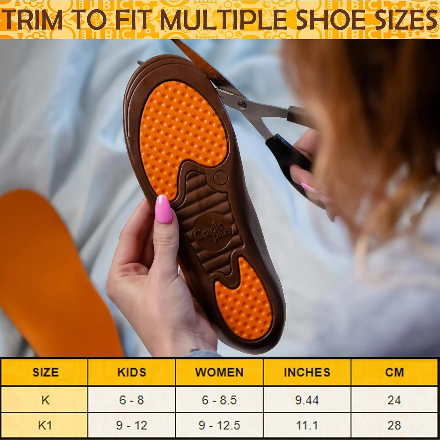 Plantar Fasciitis Shoe Inserts for Women | Arch Support Insoles I Trim to Fit I Kids Orthotic Insoles W/Cushion Flat Feet or high Arch | Relieve Heel (Orange, 28cm K1 (9-12) US)