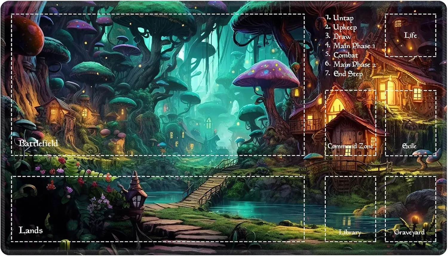 Playmat with Zones for MTG Card Game Playing, 24"x14" Commander Deck Gaming Desk Duel Mat for Beginner, Fairy Forest Mushroom