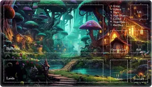 Playmat with Zones for MTG Card Game Playing, 24"x14" Commander Deck Gaming Desk Duel Mat for Beginner, Fairy Forest Mushroom