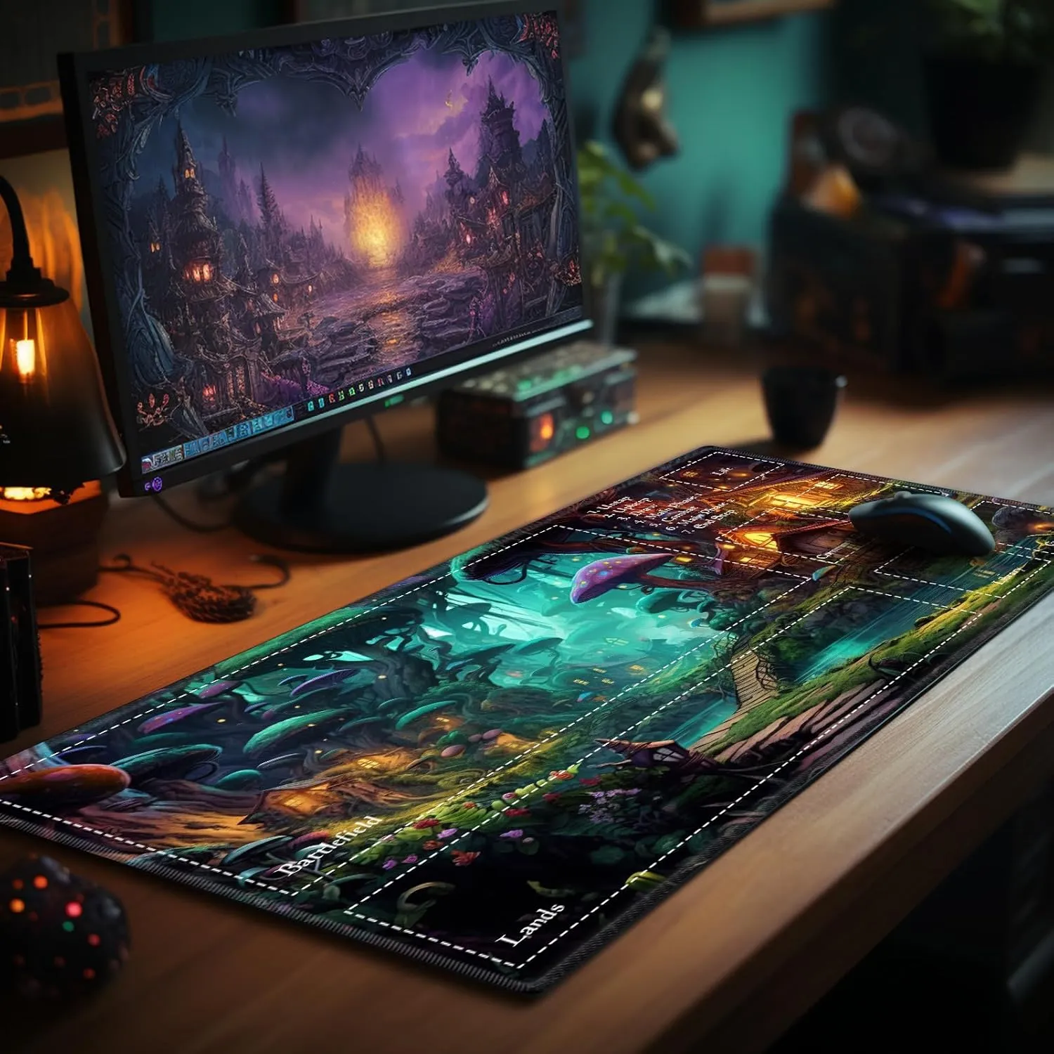 Playmat with Zones for MTG Card Game Playing, 24"x14" Commander Deck Gaming Desk Duel Mat for Beginner, Fairy Forest Mushroom