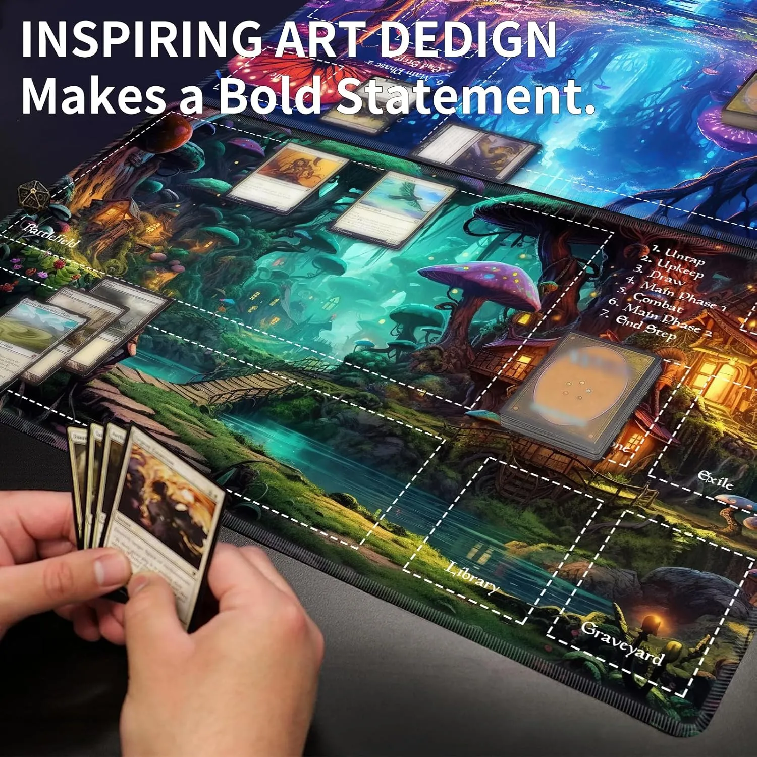Playmat with Zones for MTG Card Game Playing, 24"x14" Commander Deck Gaming Desk Duel Mat for Beginner, Fairy Forest Mushroom